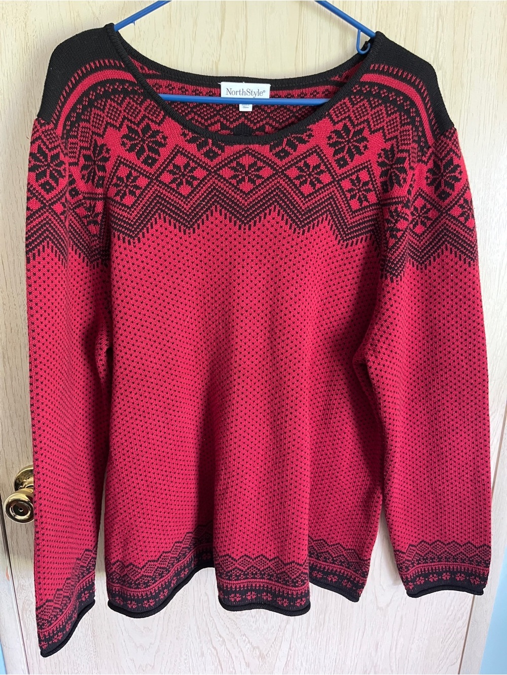 NORTH STYLE Cotton Fair Isle Sweater, Bird's Eye Pattern Rolled Edges RED 1X